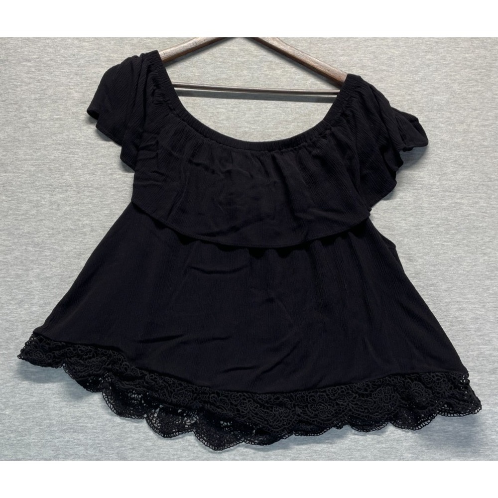 Forever 21 Blouse Top Womens 3X Black Ruffled Crochet Lace Trim Off The Shoulder